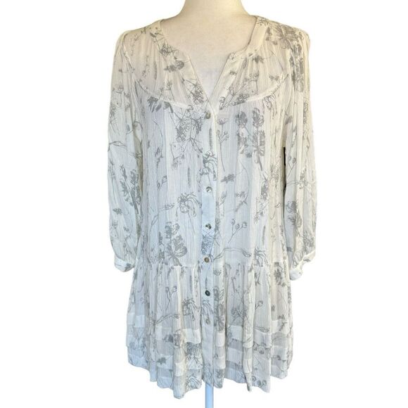 Ellison Dress Gray White Garden Print M Tunic Feminine Romantic Sheer Flouncy - Picture 1 of 14